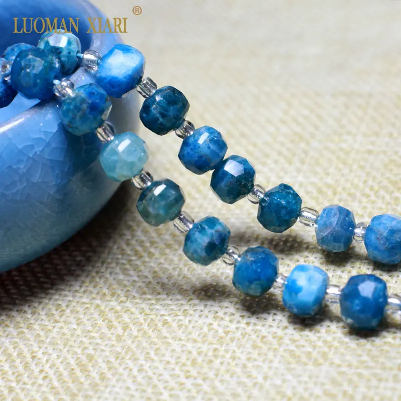 

Natural Gemstone Rondelle Blue Apatite Faceted Round Stone Spacer Beads For Jewelry Making DIY Women's Bracelet Necklace Charms