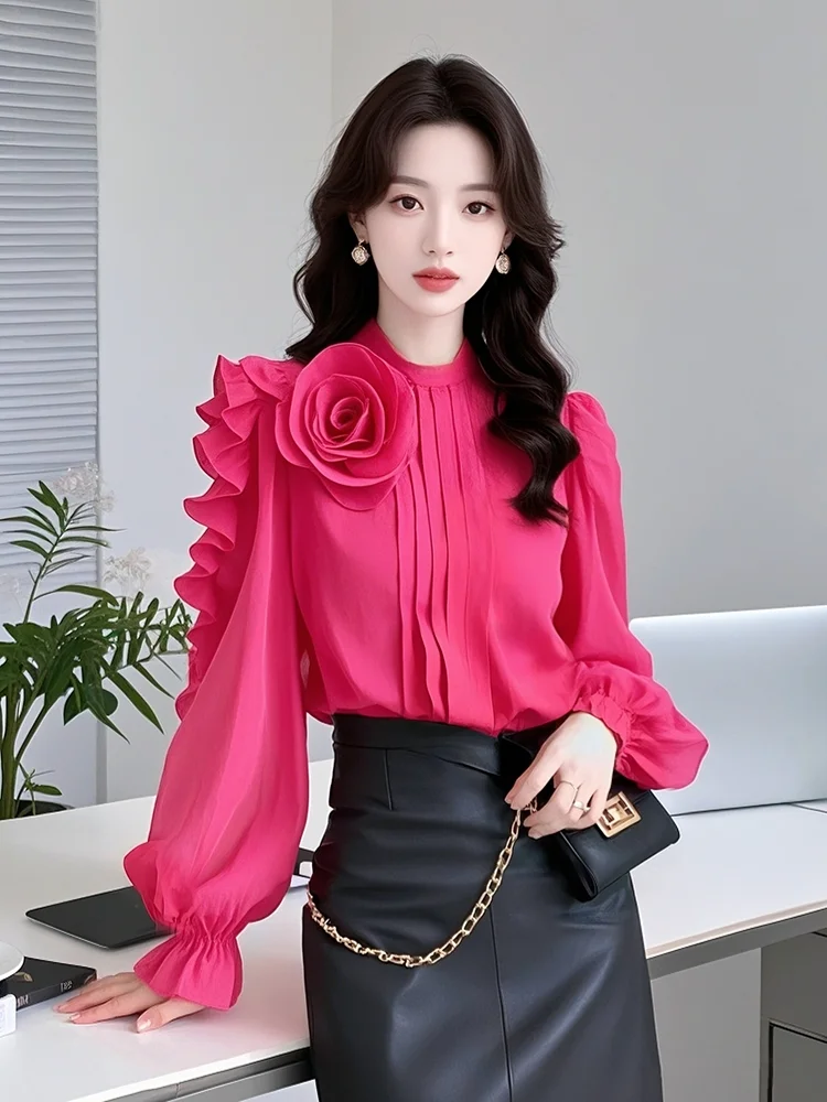 Französisches einzigartiges und schönes Design Sense Nischenoberteil High Sense Rose Red Dreidimensionales Rosenhemd Damen Frühling TT1052