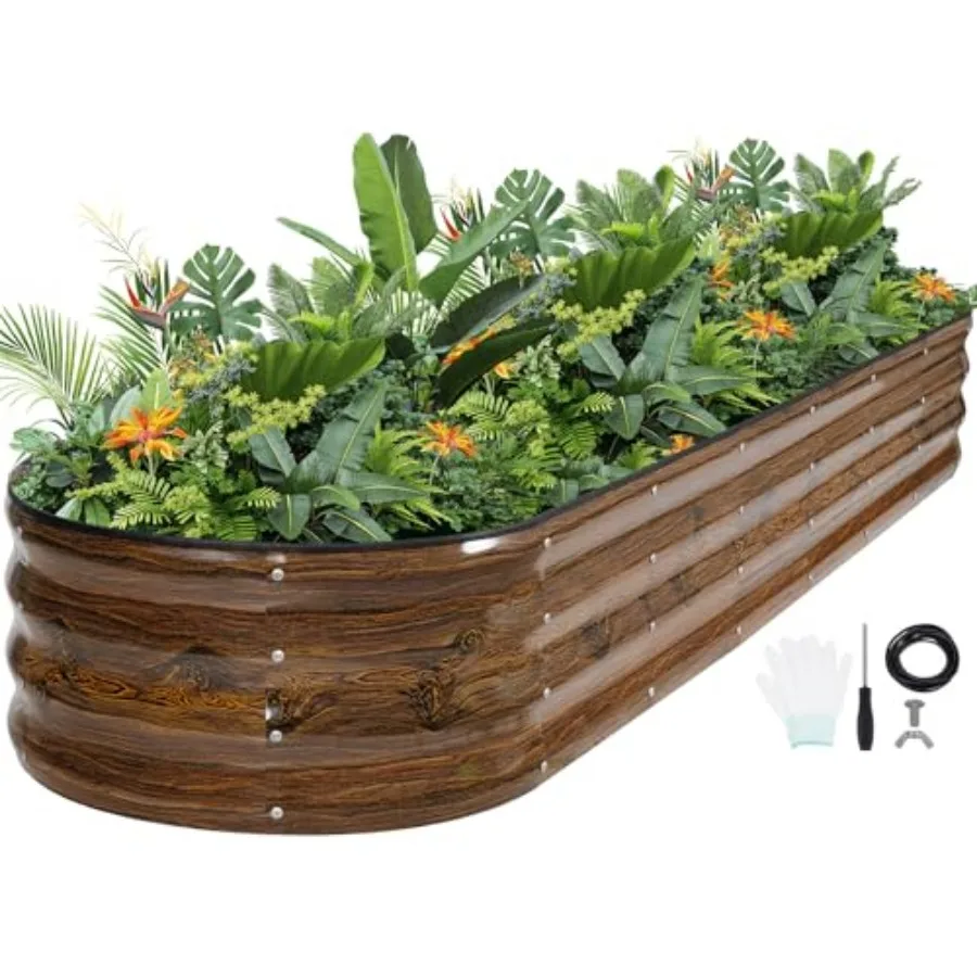 Raised Garden Beds - 8x2x1ft Galvanized Planter Boxes Kit with Protective Tape and Gloves and Tools Oval Metal Outdoor Raised B