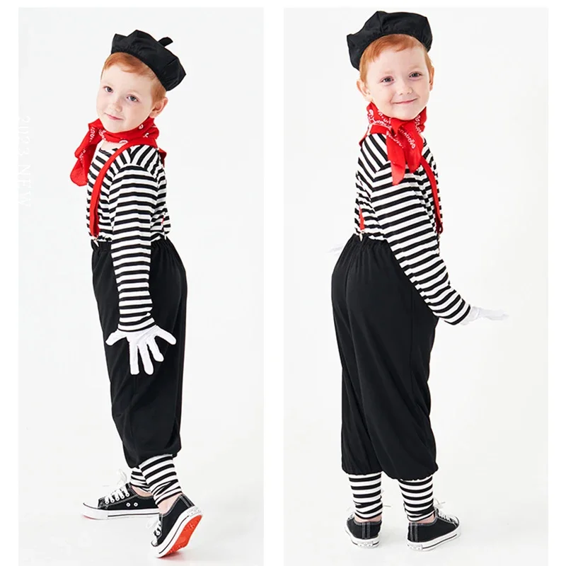 2025 Costume di Halloween di Halloween de Clown Français Noir et Blanc pour Enfant, Robe de Barrage Unisexe pour Fille et Garçon