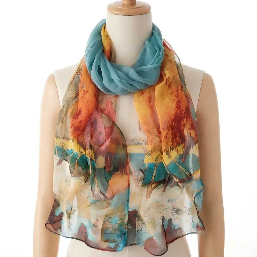 

160x50cm Autumn Birch Forest Scarf Women Artistic Oil Painting Print Soft Georgette Shawl Long Neck Wrap Nature Scenery Sunscree