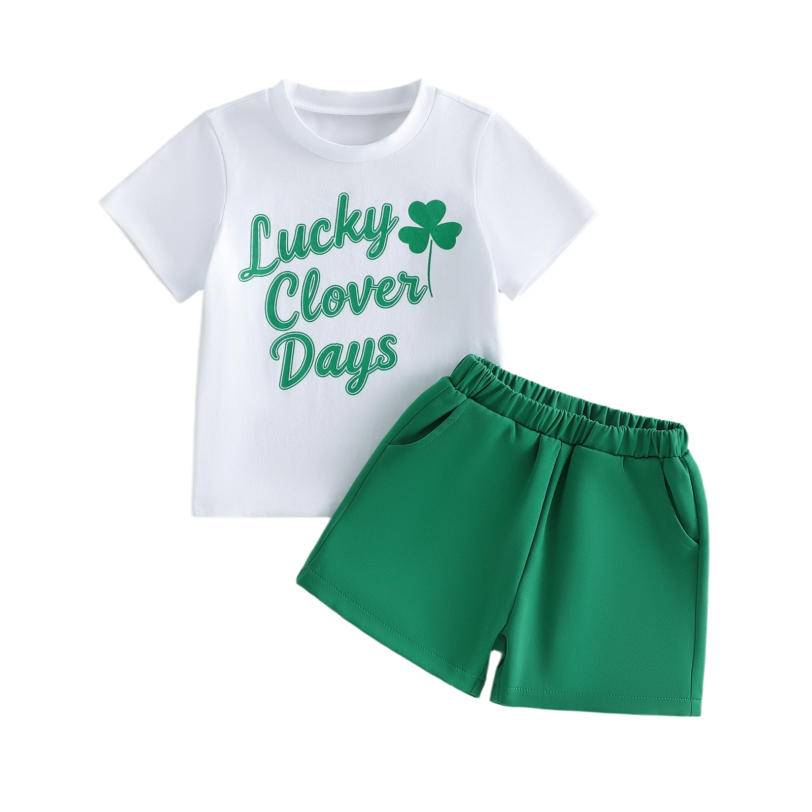 Irish Festival Boys Girls Outfits Adorable Letter Shamrock Print Short Sleeve Round Neck Tops and Shorts Set