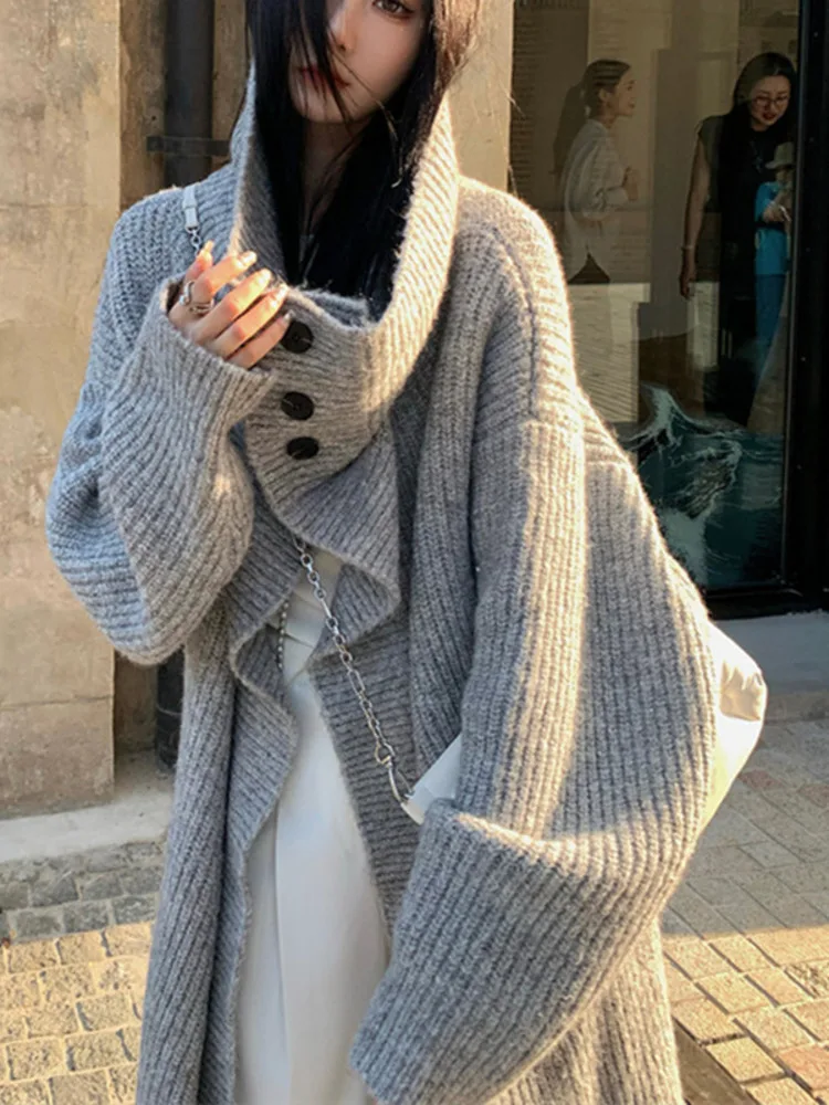 [EWQ] Temperament Loose Long Sleeve Long Sweater Cardigan Coat Thick Warm Women Coffee Knit Overcoats Autumn 2024 Winter 16O1430