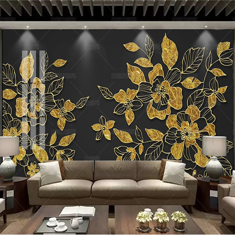 custom 3D Modern gold relief line wallpaper flowers enamel color leaf mural Nordic TV living room background wall 8d bedroom