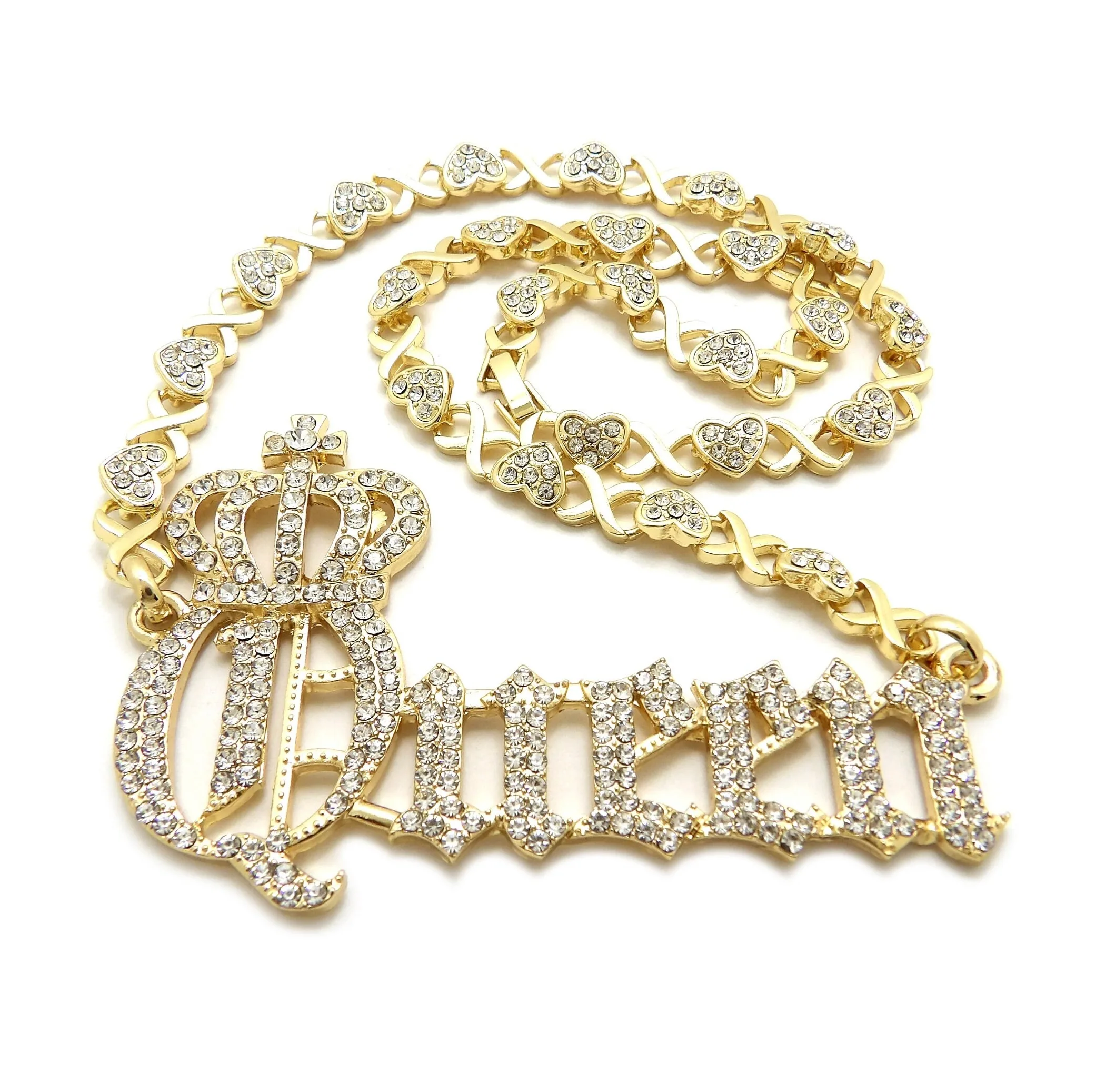 

Queen Energy Name Necklace Iced Out Crown Pendant & XO Chain Necklace Hip Hop Jewelry Luxury Stainless steel Gift for Women