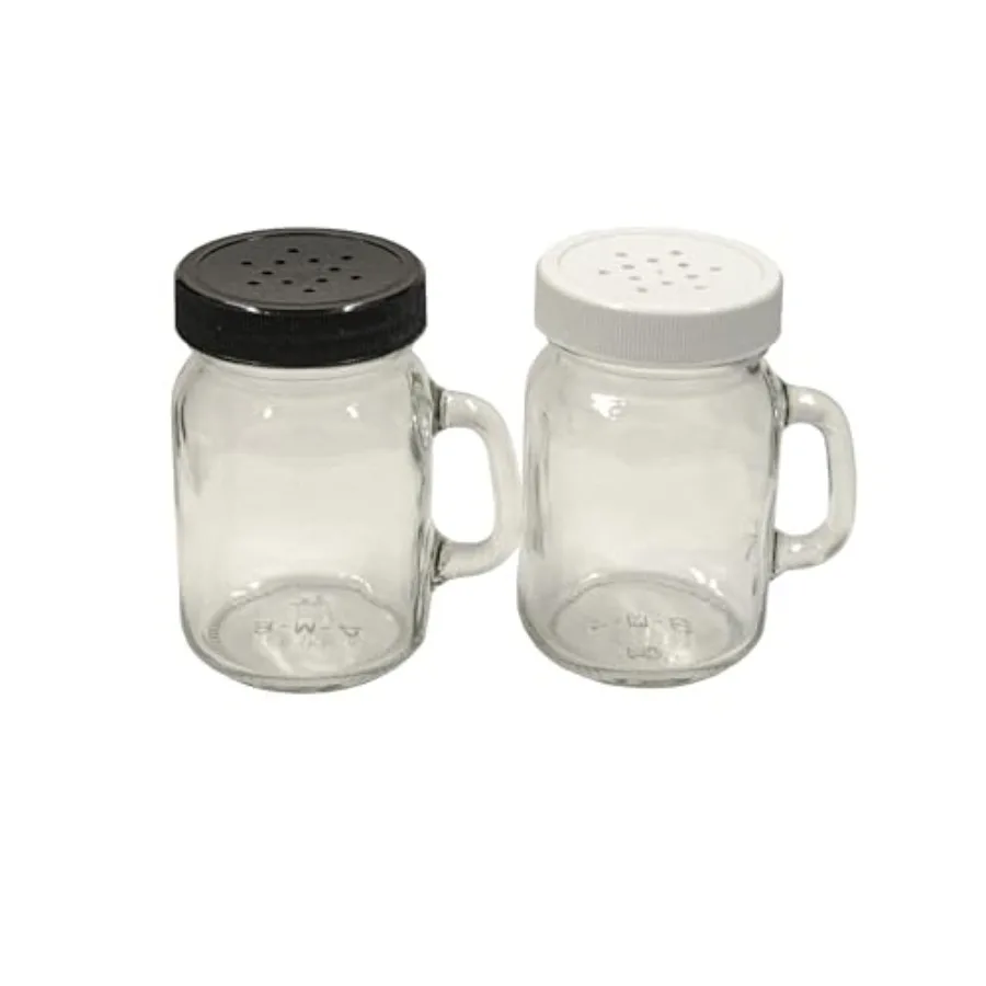 

4 Oue Glass Mini Mug Mason Jars with Handles - Salt and Pepper Shaker Set - 12 Holed Dispensing Lid