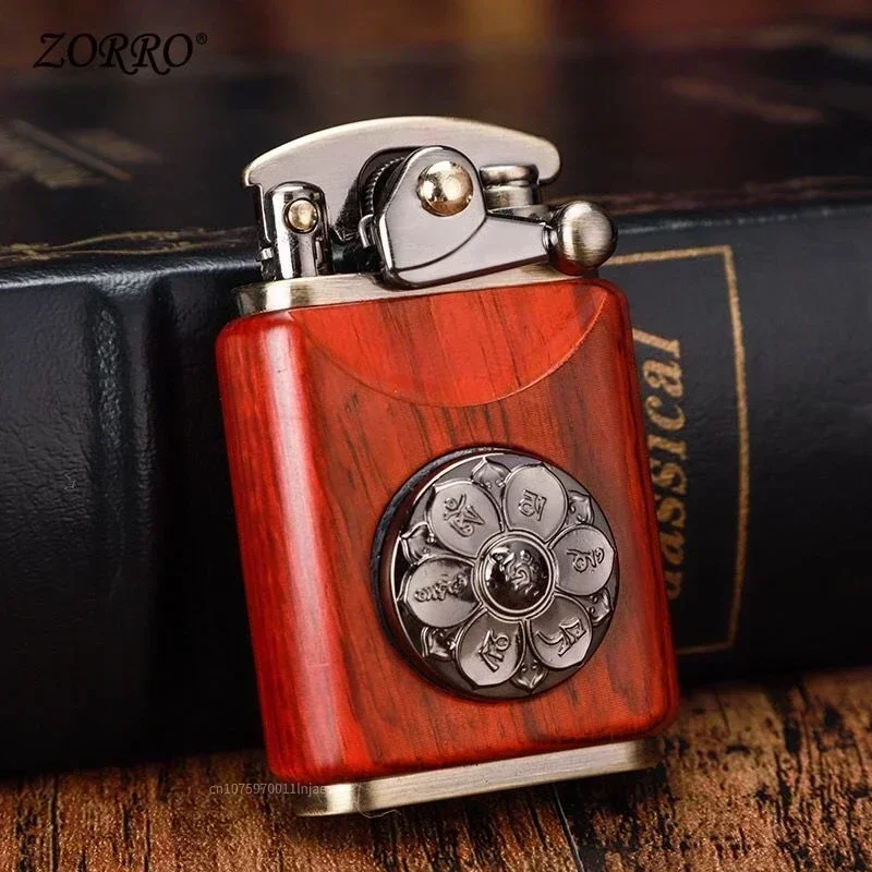 2025 Rosewood Wooden Zorro Rocker Kerosiene Lighter Retro Copper Old Nine Doors Creative Mahogany Cigarette Lighter Men's Gift