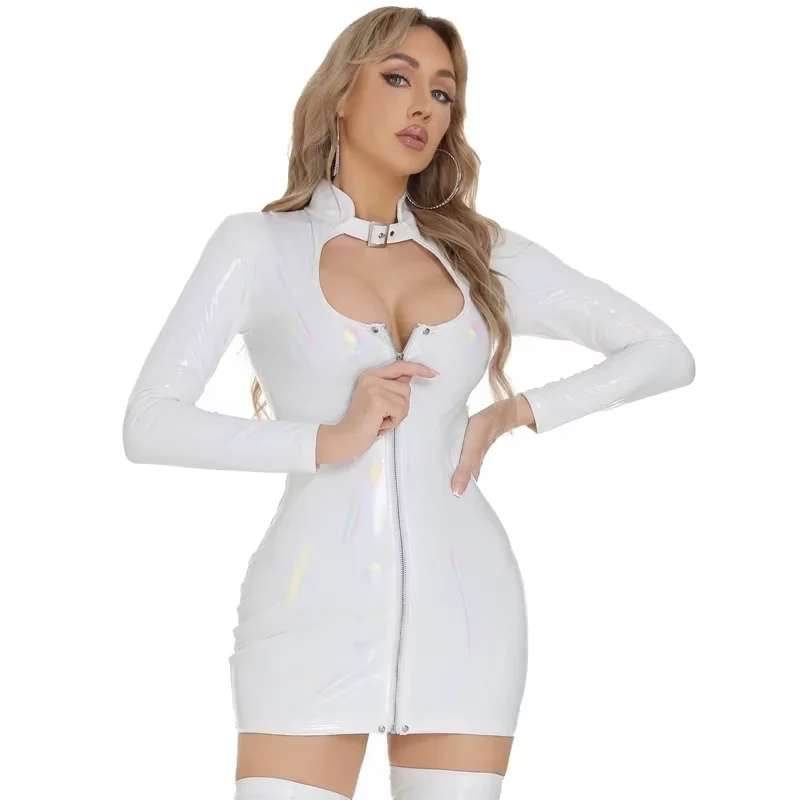 Seksowna Sukienka z Błyszczącej Skóry PU z Wycięciami, Długi Rękaw, Mikro Mini, Sztuczna Skóra, Cosplay, Sukienka Bodycon do Tańca, Nowa