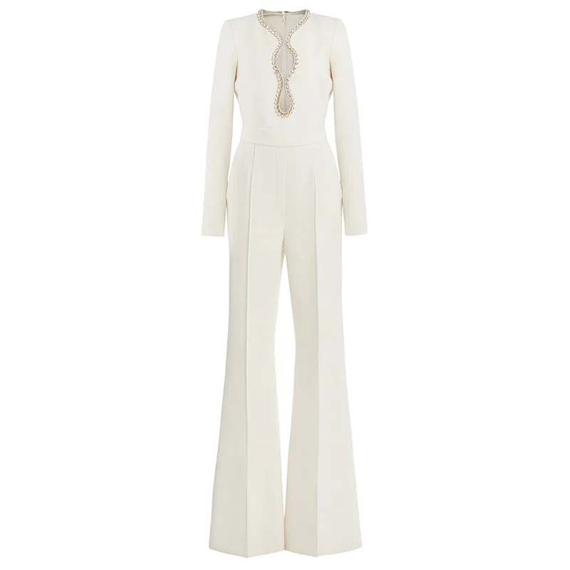

JAMERARY New Fashion Heart Shaped Hollow Inlaid Diamond Beaded White Jumpsuit For Women Long Sleeve Wide Leg Pants