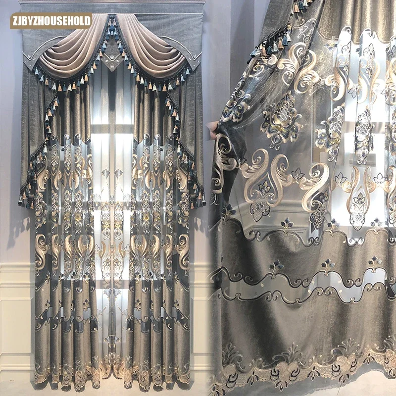 

New European Curtains for Living Dining Room Bedroom Gray Velvet Hollow Embroidery