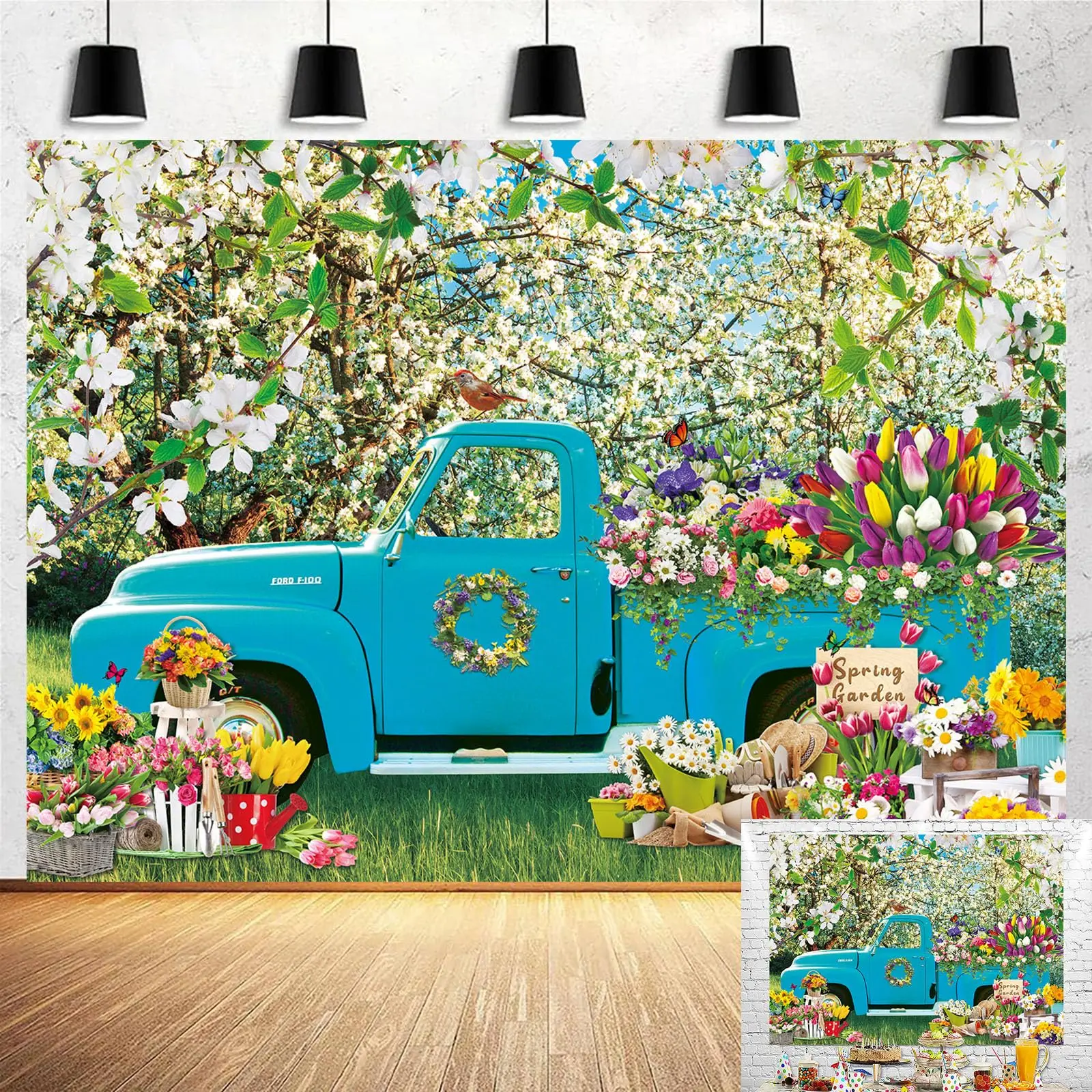 

Spring Flower Forest Truck Backdrop Easter Tulip Garden Photography Background Floral Picnics Kids Birthday Studio Portrait Prop