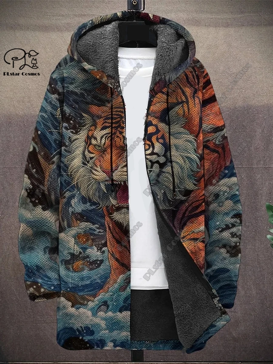 

PLstar Cosmos 3D printed cat skull night star yi pattern winter men's hooded jacket winter casual thickened warm series -2