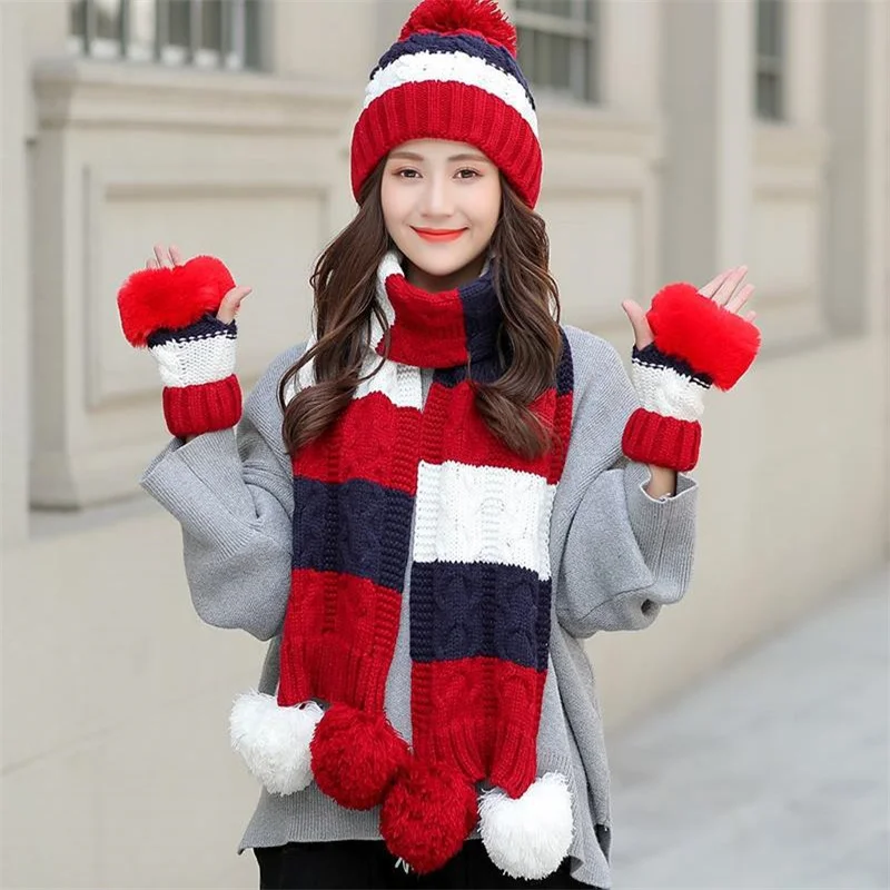 

Three-Piece Set Women Hat Scarf Autumn Winter Female Thickening Knitted Ear Protection Head Cap for Ladies Girl Warm Hat