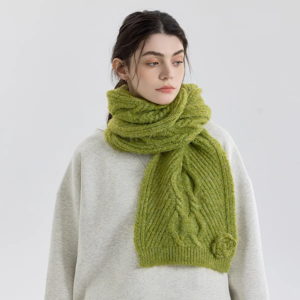 

thickened warm neck scarf Korean version design rose twisted flower solid color knitted twist scarf female