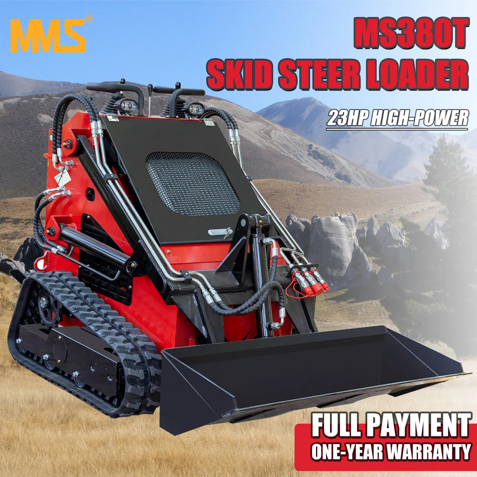 MMS Mini Triangular Track Skid Steer Loader with 23HP RATO Gasoline Engine46 inch Bucket Crawler  Loader One Year Warranty
