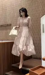2023 New Summer Silk Satin Bubble Sleeves V-Neck Dress Loose Large Waist Slim Solid Swing Long Dress Bohemian Women's Robe