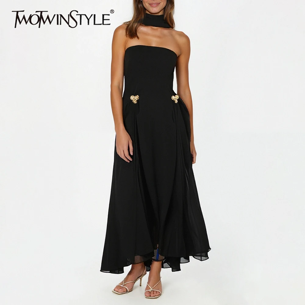 TWOTWINSTYLE Solid Spliced ลูกปัด Minimalist ชุดผู้หญิงที่ไม่มีสายหนัง Patchwork Lace Up Elegant หญิงแฟชั่น