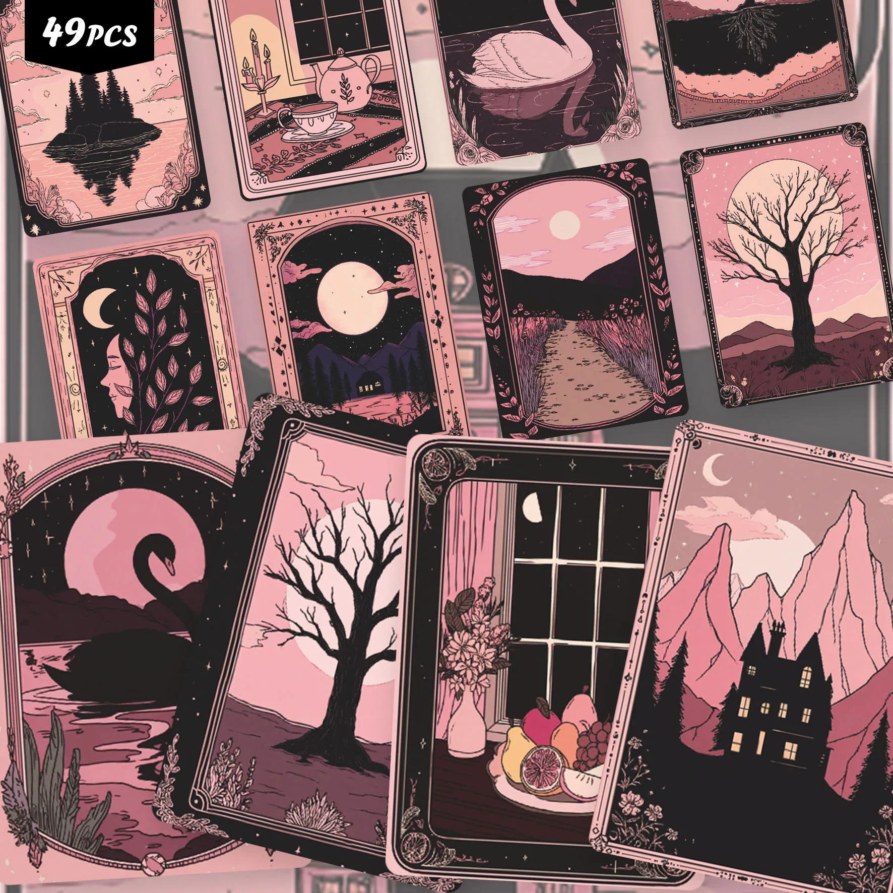 49PCS Vintage Dark Pink Tarot Aesthetic Stickers, Retro Gothic Night & Whimsical Illustration Cutout Sticker Set for Journals, S