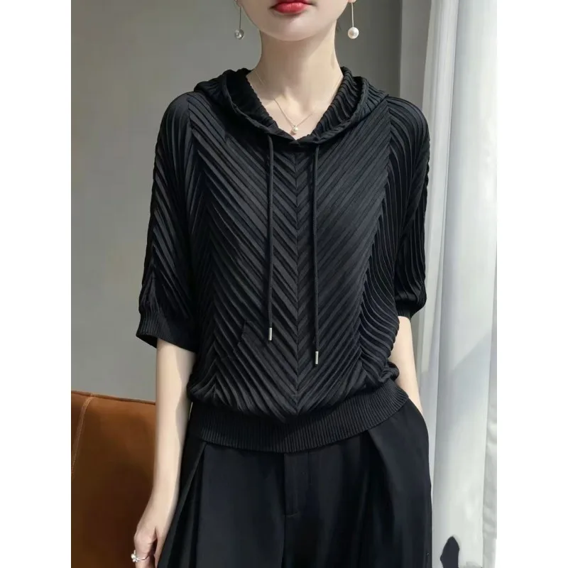 Miyake Pleated Solid Color Hoodie Plisse 2026 Summer New Hooded Sweatshirt Women Versatile Loose Slimming Twill Pleats Top Women