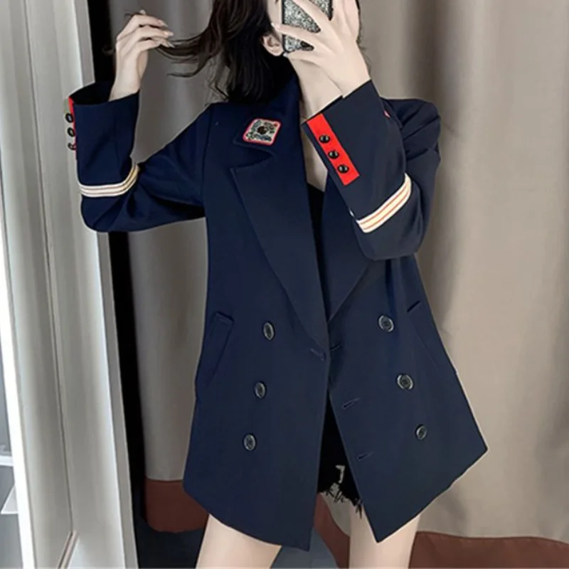 Women\'s Autumn Korean New Small Suit Commuting Fashion Hepburn Style Button Embroidery Splicing Casual Mid Length Versatile Tops