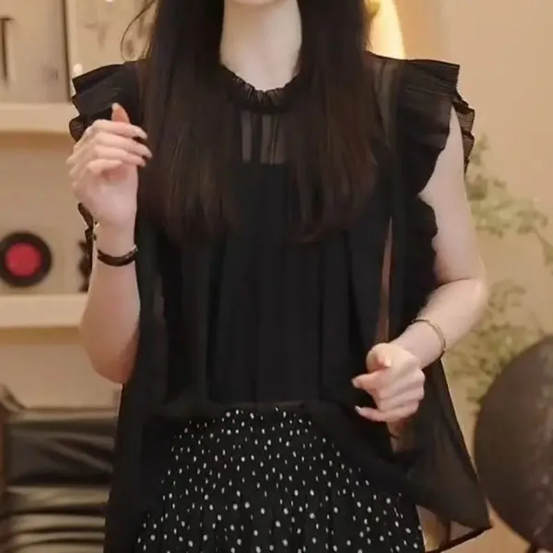 French Ruffle Edge Chiffon Shirt Women' Summer New Sleeveless Thin Shirt Foreign Style Age Reduction Unique Beautiful Top Casual