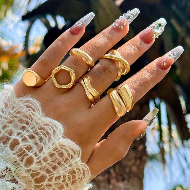 Juego de anillos abiertos geometricos lisos de Color dorado para mujer anillo grueso Irregular de Metal