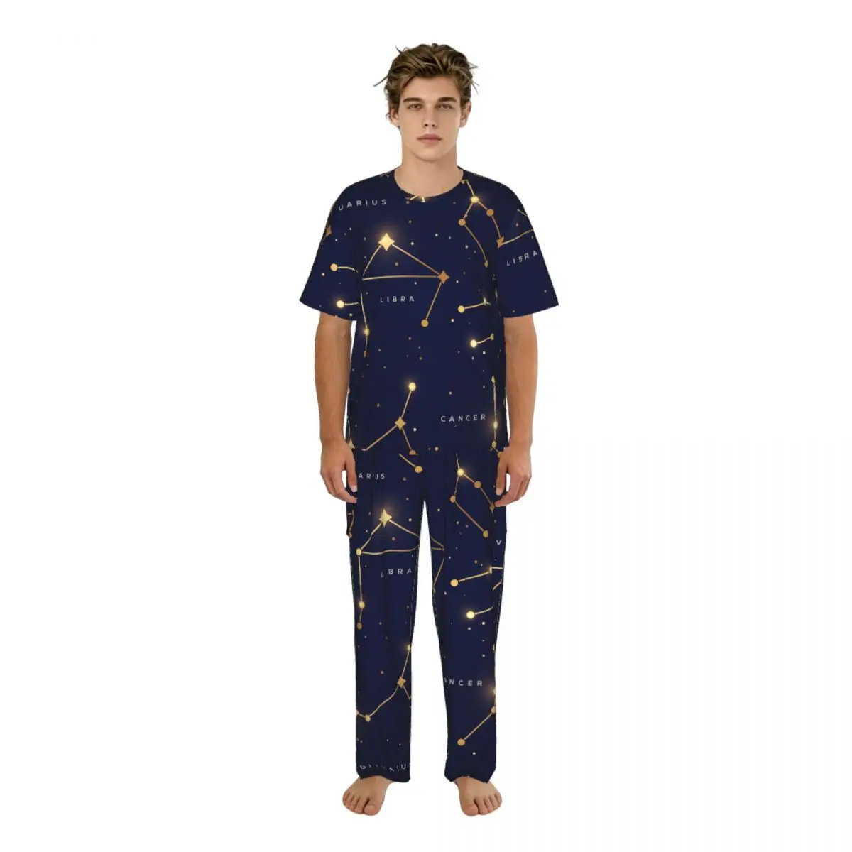 

Men's Pajamas Set Summer Short-Sleeve Tops + Long Pants Nightwear Home Wear Suits Zodiac Constellations Space Stars Sleepwear