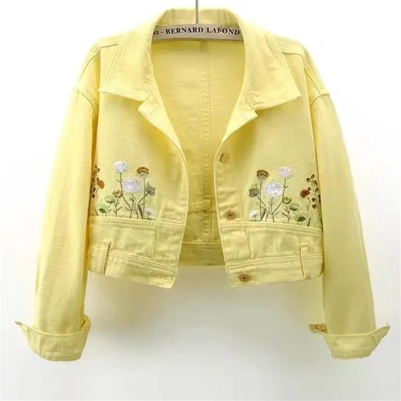 2024Spring Autumn New High Fashion Embroidered Loose Yellow Flowers Long Sleeve Denim Jacket Women Short Jacket Outerwear Female