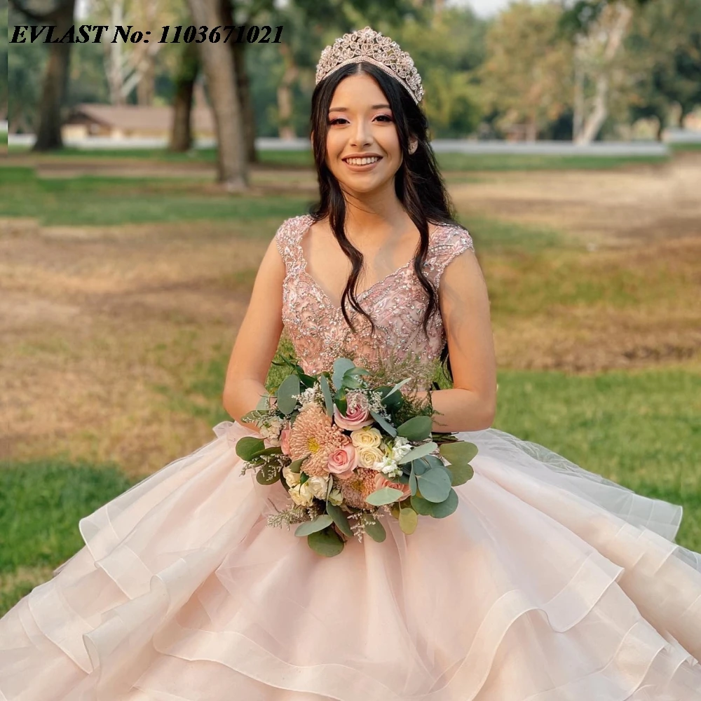 EVLAST personalizado Rosa Quinnceanera vestido De baile apliques cuentas cristal volantes corsé dulce 16 Vestidos De 15 Anos SQ591