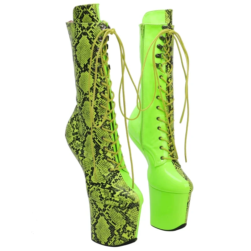

Leecabe Green Snake PU mix patent Upper Platform Ankle Boots Exotic heelless pole dance shoes