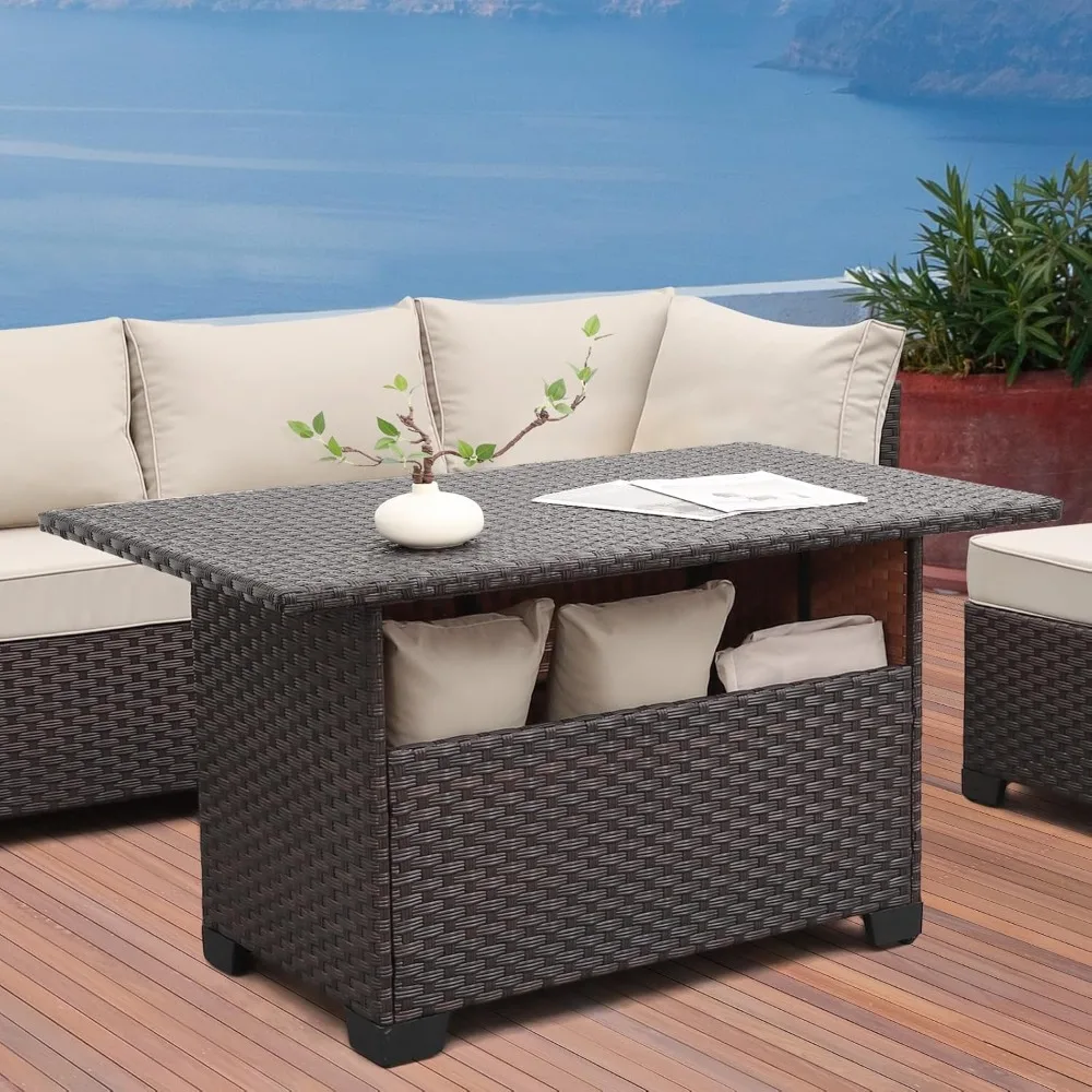Outdoor PE Wicker Coffee Table - Patio Rattan Garden Furniture Multi-Functional Storage Tea Dining Table, Dark Brown