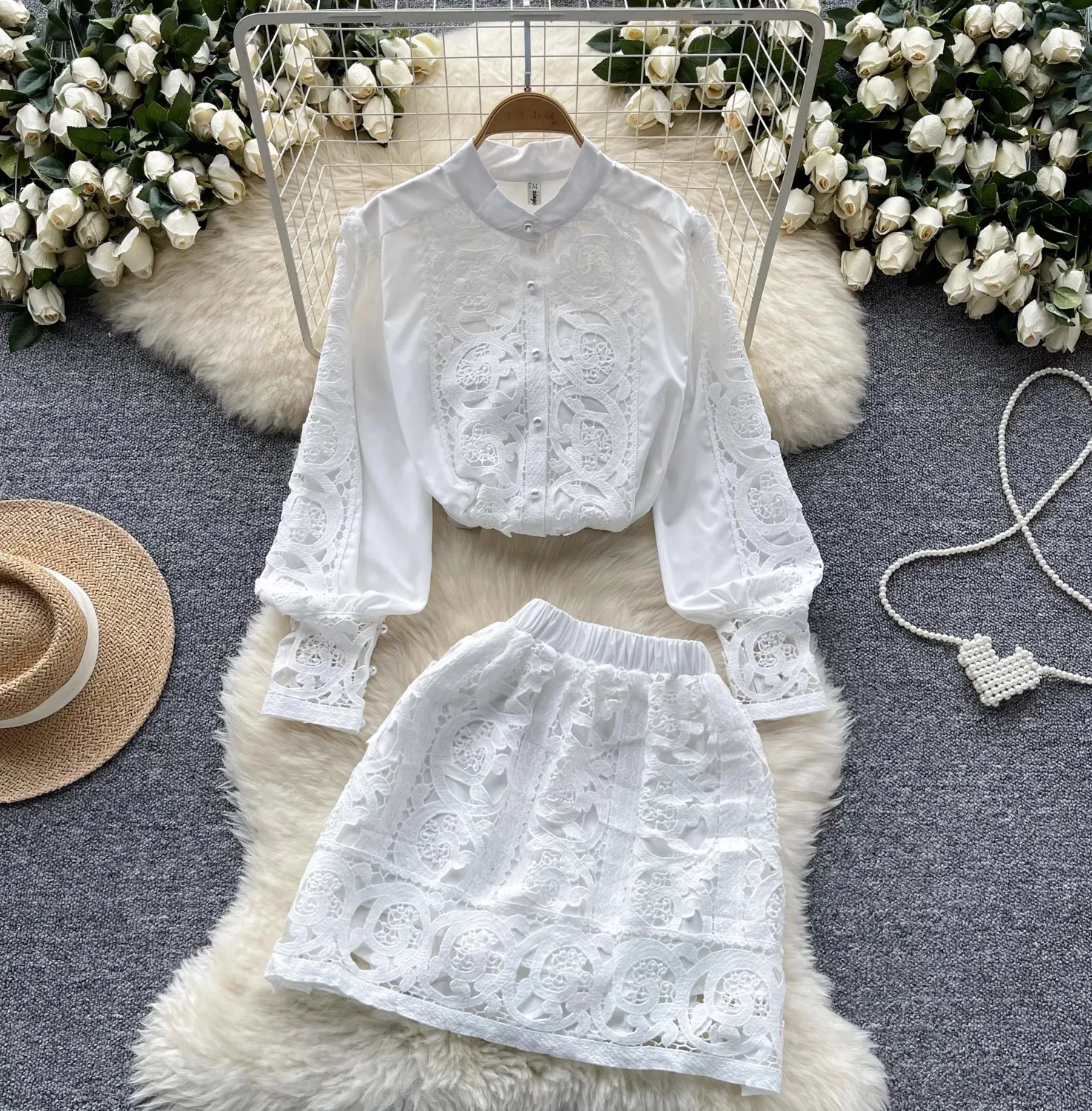 

Embroidery Two Pieces Skirt Sets Women Hollow Out Long Lantern Sleeve Shirts + High Elastic Waist A-Line Mini Skirts Suits