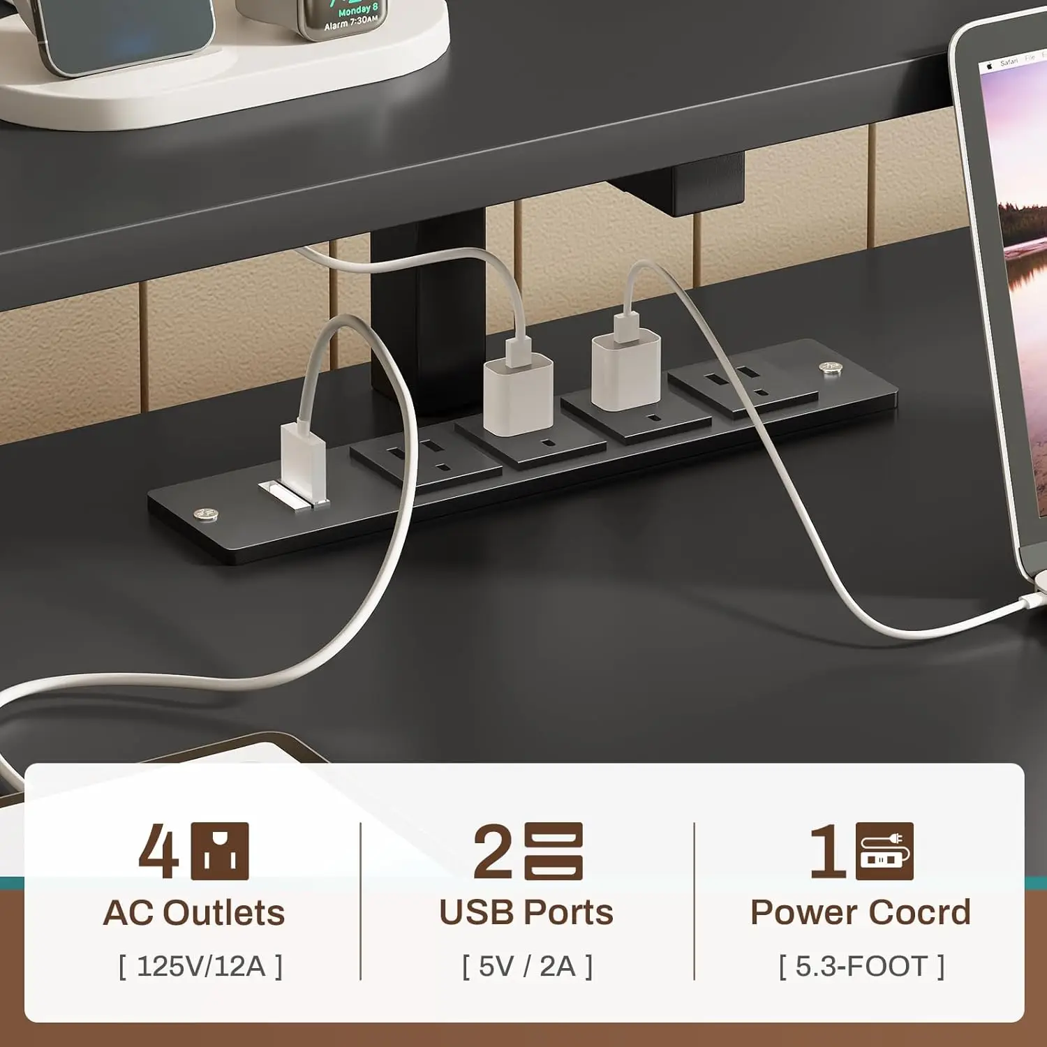 Mesa do computador com 5 gavetas, soquetes de poder e luzes conduzidas, 66 polegadas, mesa do escritório home