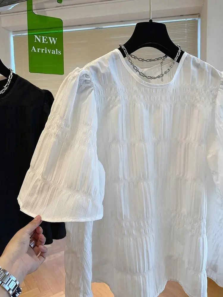 2024 Summer New White Pleated Shirts Women Fashion O Neck Solid Color Short Sleeve Blouse Puff Sleeve Casual Loose Tops Mujer