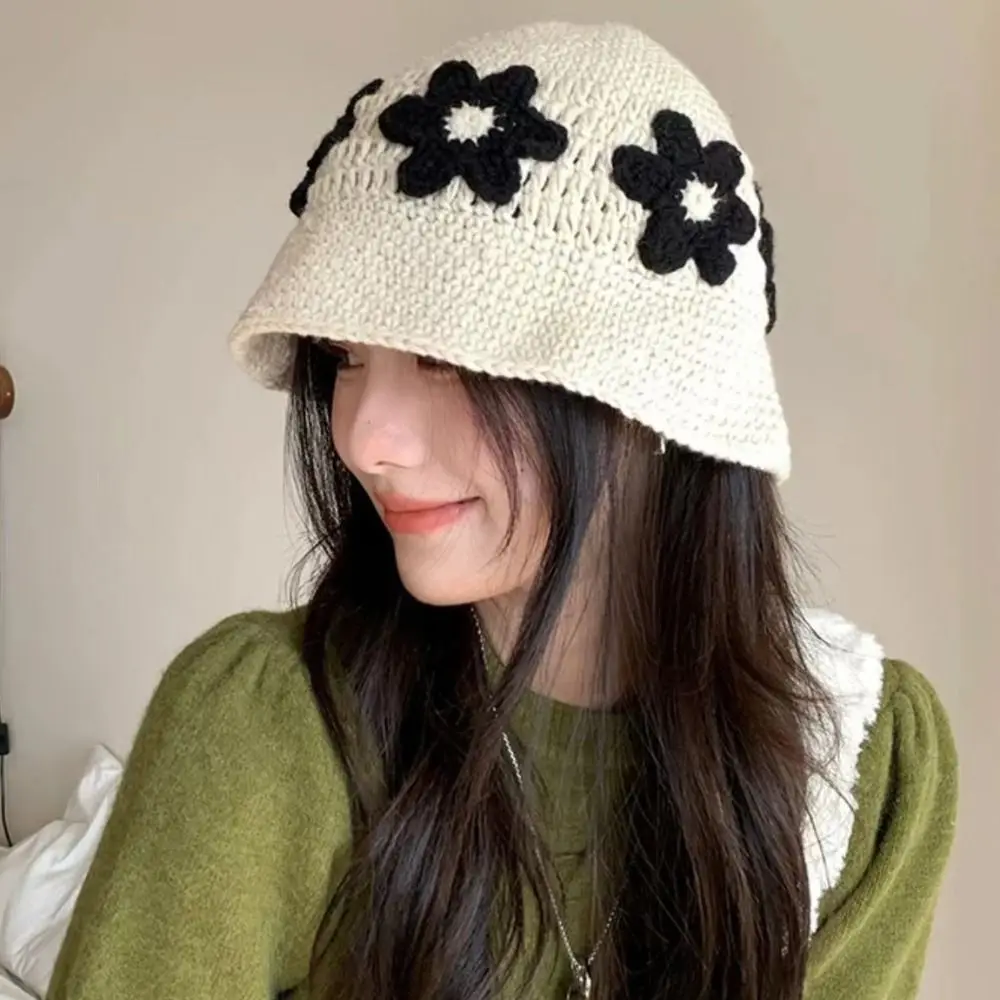 

Cute Handmade Crochet Flower Knitted Hat Sweet Korean Style Bucket Hat Cute Beanies Hat Girls