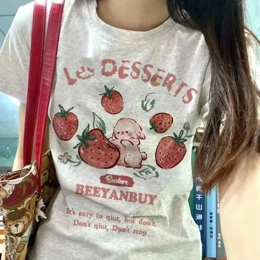 Y2k Summer New Cartoon Strawberry Rabbit T-shirt Harajuku Short-sleeved Loose Plus Size Top, Women All Match Casual T-shirt