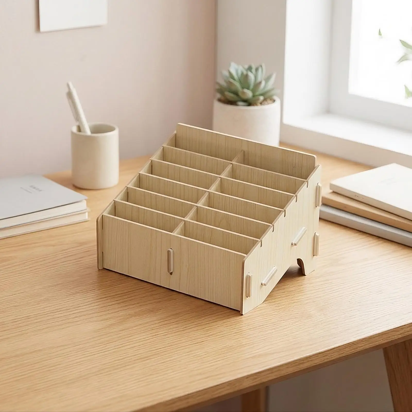 Wooden Stationery Organizer for Desk with 12 Compartments for Pens Pencils and Office Accessories