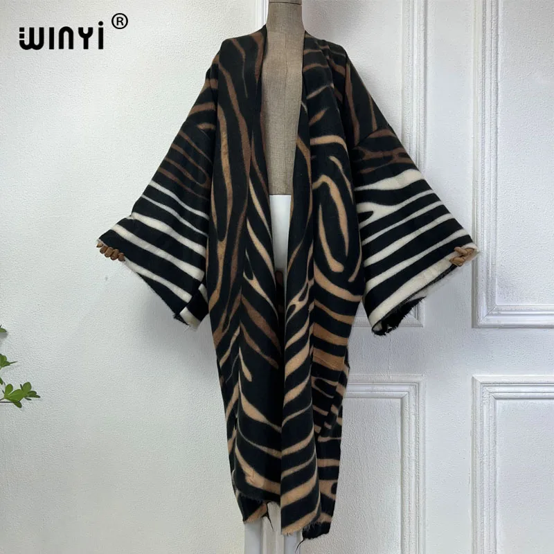 WINYI 2024 winter cardigan Africa women Geometric line print maxi jacket Warm kimono long down coat Middle East fashion abaya