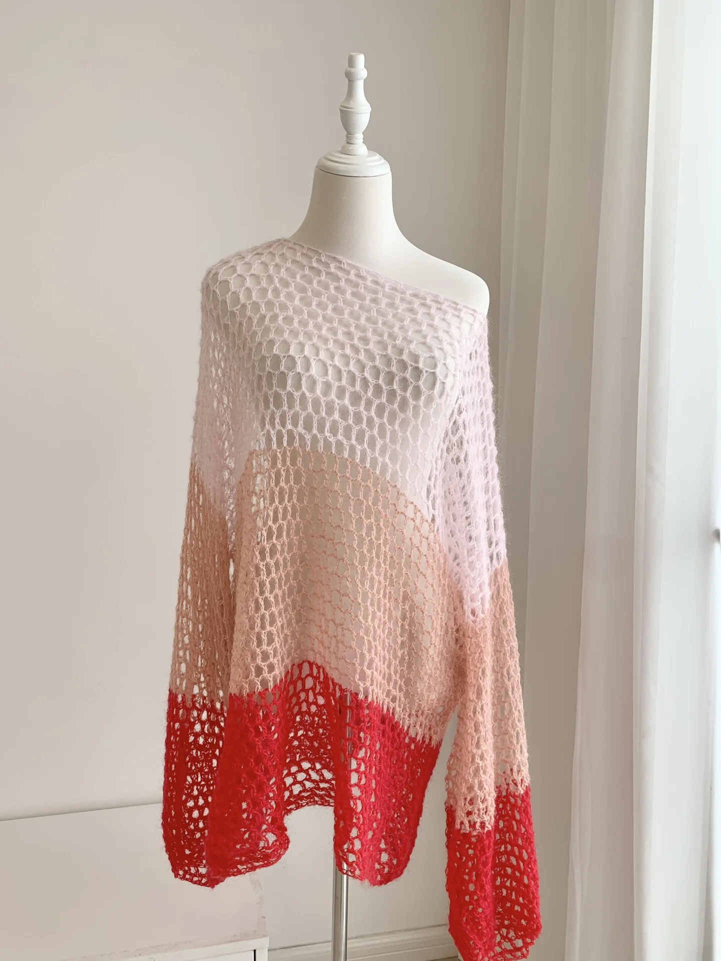 2024 Spring Pink Red Hollow Out Holes See Through Long Sleeve Knit Sweater