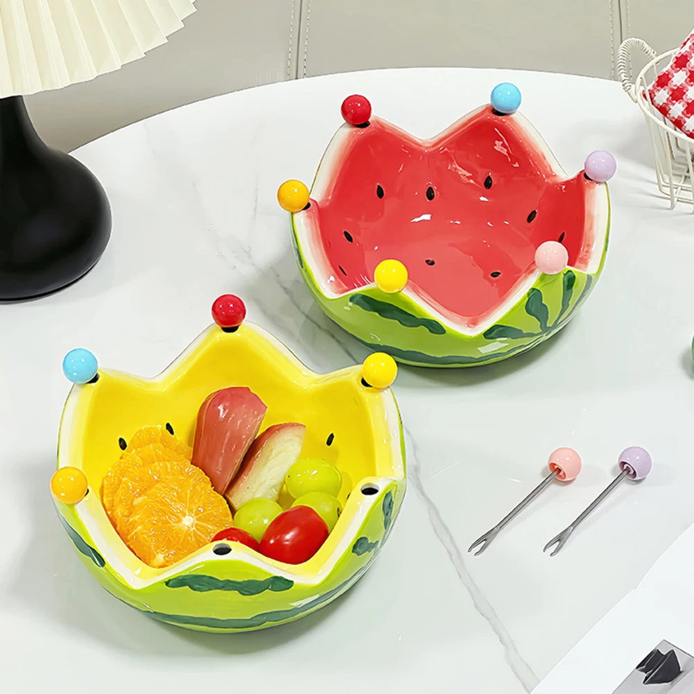 

Large Watermelon Shaped Ceramic Fruit Bowl With Forks Cute Dessert Salad Serving Plate High Capacity Snack Storage Dish