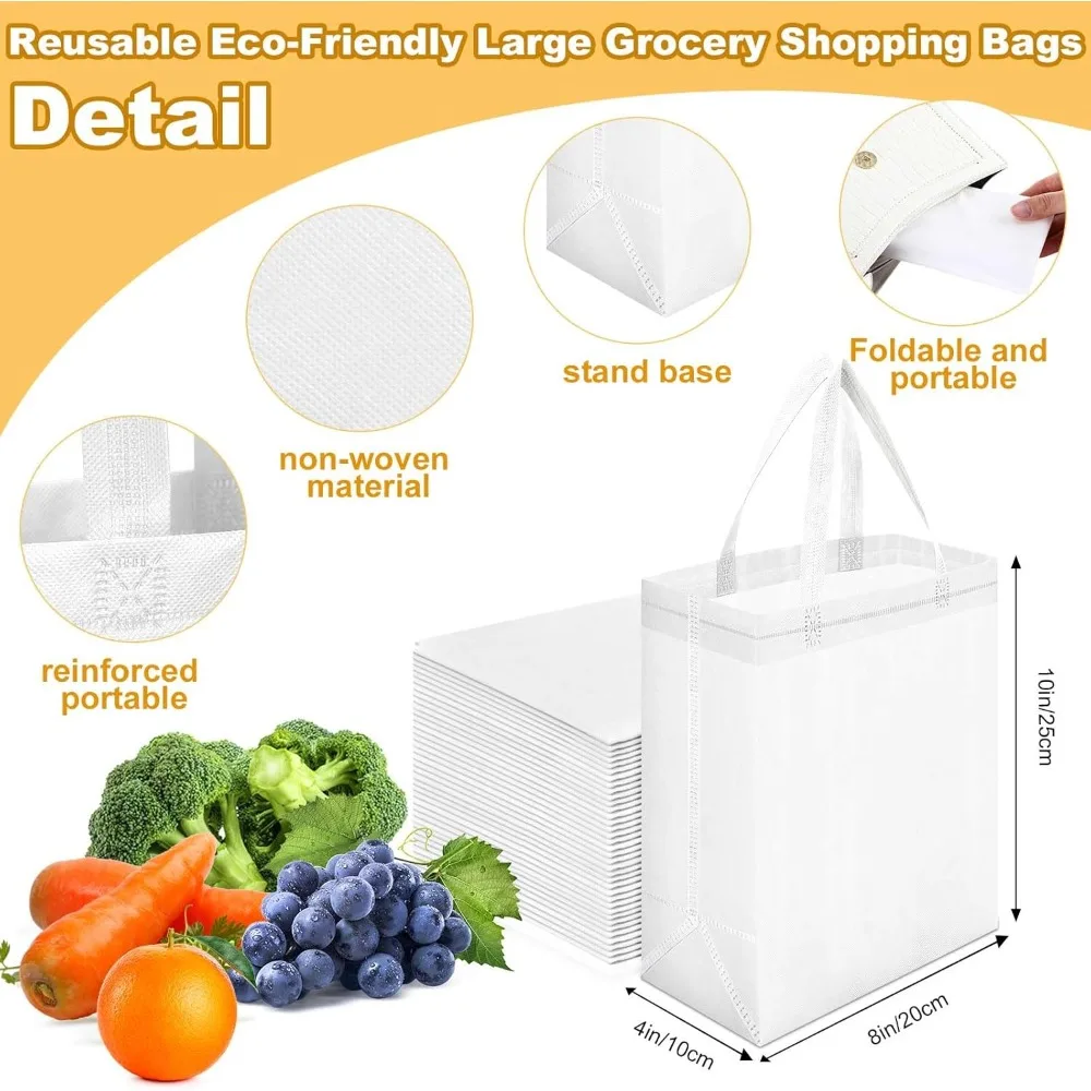 Borse tote riutilizzabili sfuse - Confezione da 300 borse per la spesa in tessuto non tessuto con manici, 8x4x10 pollici, bianche per generi alimentari e regali