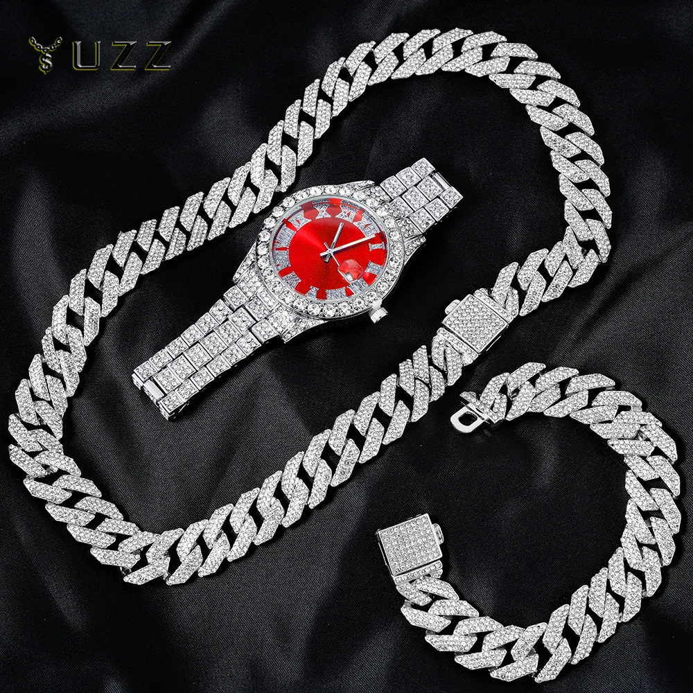 16MM Cuban Chain Watch for Men Hip Hop 3pcs Miami Iced Out Paved Rhinestones Rapper Cuban Necklace Suit Watch+Bracelet Jewelry