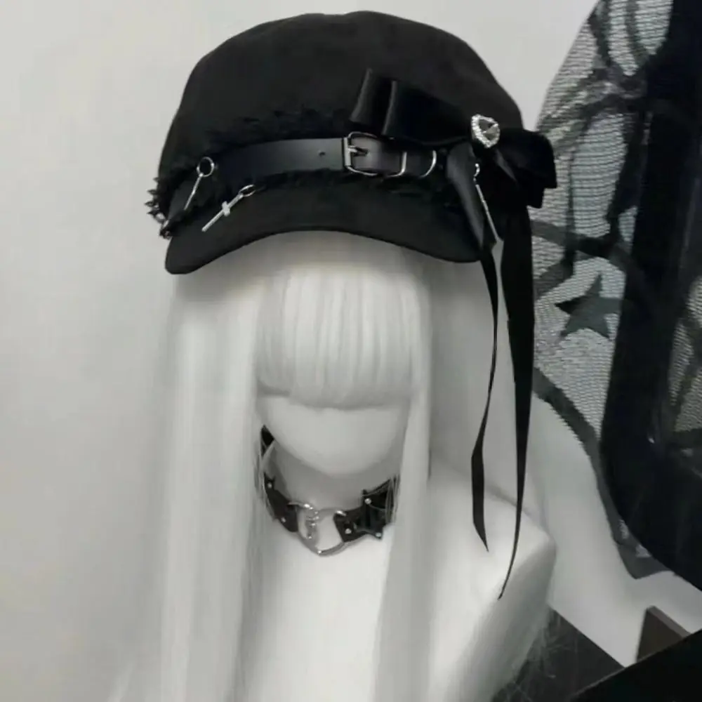 ファッションスイートクールスタイル八角帽子レースステッチちょう結び女性の Y2k 帽子かわいい黒青画家のキャップ女性女の子