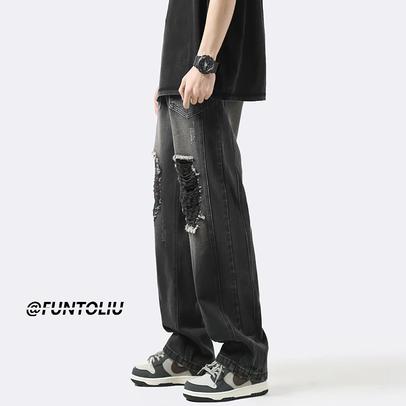 

Men's Summer Thin Straight Leg Jeans Tear Hole Loose Wide Leg Pants American High Street Vibe Trendy Long Trousers