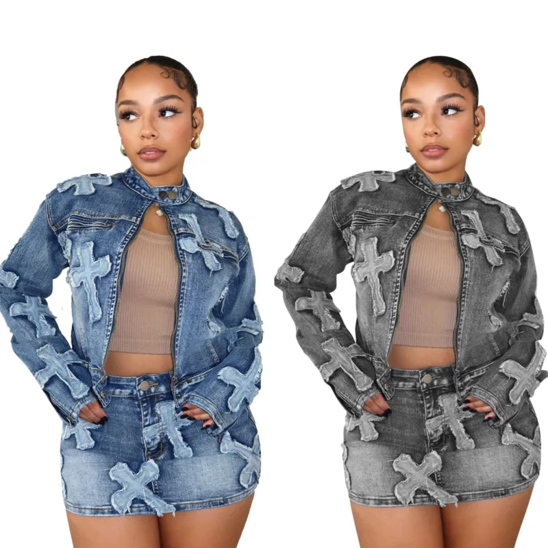 

Spice Girls Embroidery Denim Mini Skirts Two Piece Set 2024 New Fashion Stand Collar Long Sleeve Jackets Tops Skirts Denim Suit