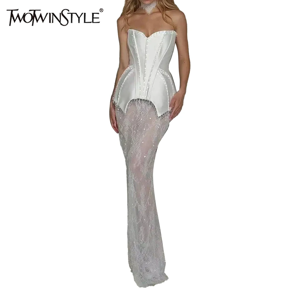 

TWOTWINSTYLE Solid Slimming Two Piece Sets for Women Strapless Sleeveless Spliced Bead Top Sheer Patchwork Lace Skirt Set Female