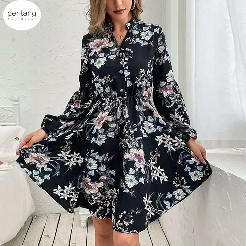 

PERITANG Black Vintage Women's Clothing Long Sleeve Printed Dress Vestido Feminino Dresses For Women 2024 Autumn Winter