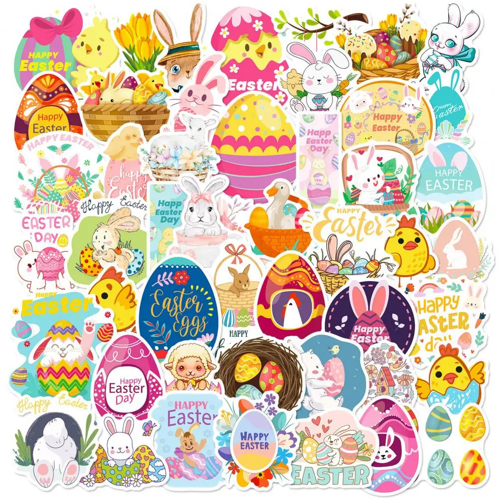 50Pcs/Set Easter Stickers Various Colorful Easter Eggs Chick & Bunny Cute Decals Waterproof Adhesive Graffiti Stickers for Skate