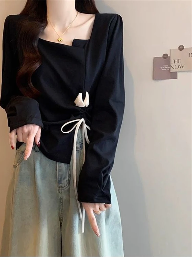 Spring 2026 plus Size Women's T-Shirt Slimming Gathered Waist Square Neck Long Sleeve Base Shirt Top High Waist Design Anti-Ball