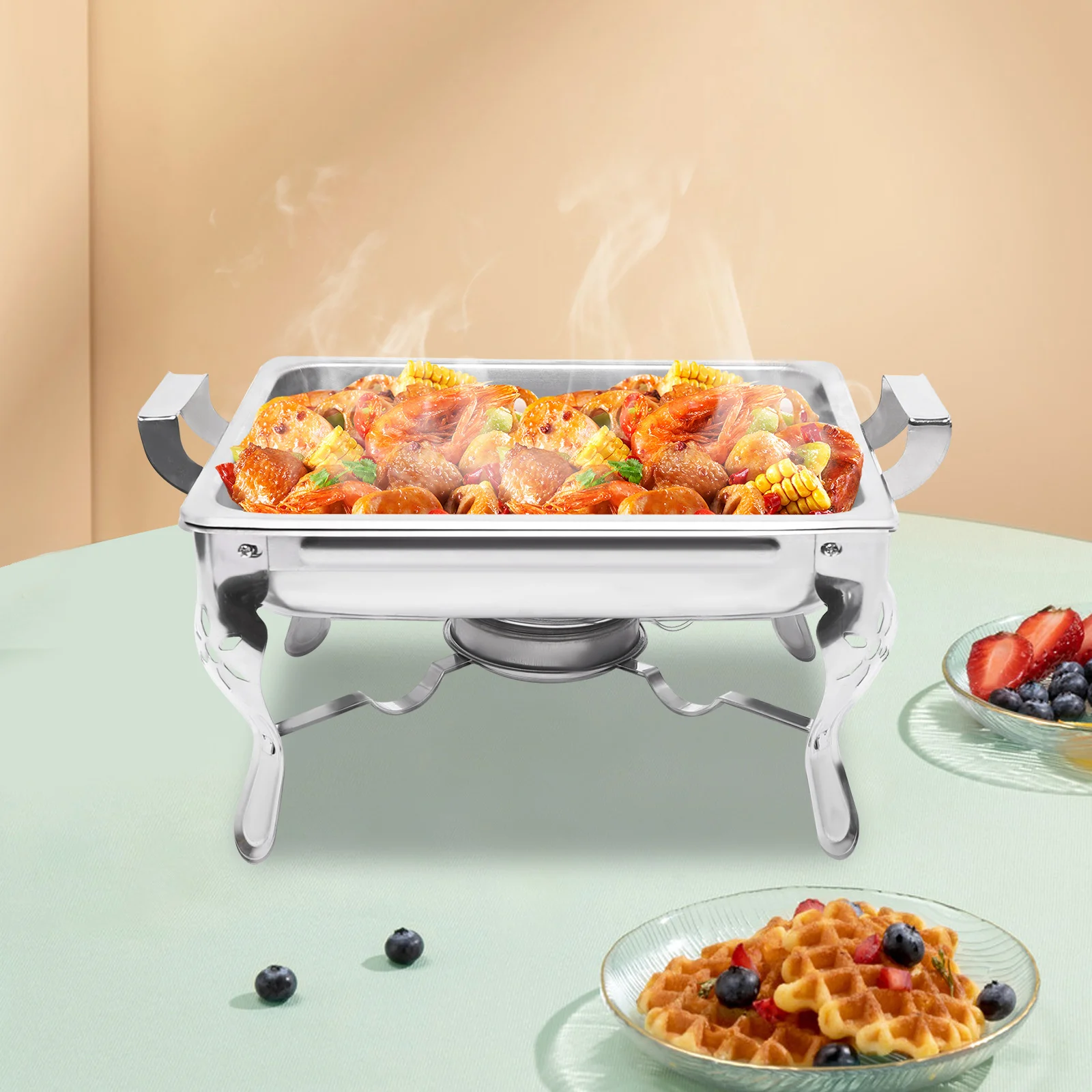 

6L Chafing Dish Dining Stove Stainless Steel Chafer Catering Buffet Server Tray Food Warmer Container Silver with Lid 40*27*25cm